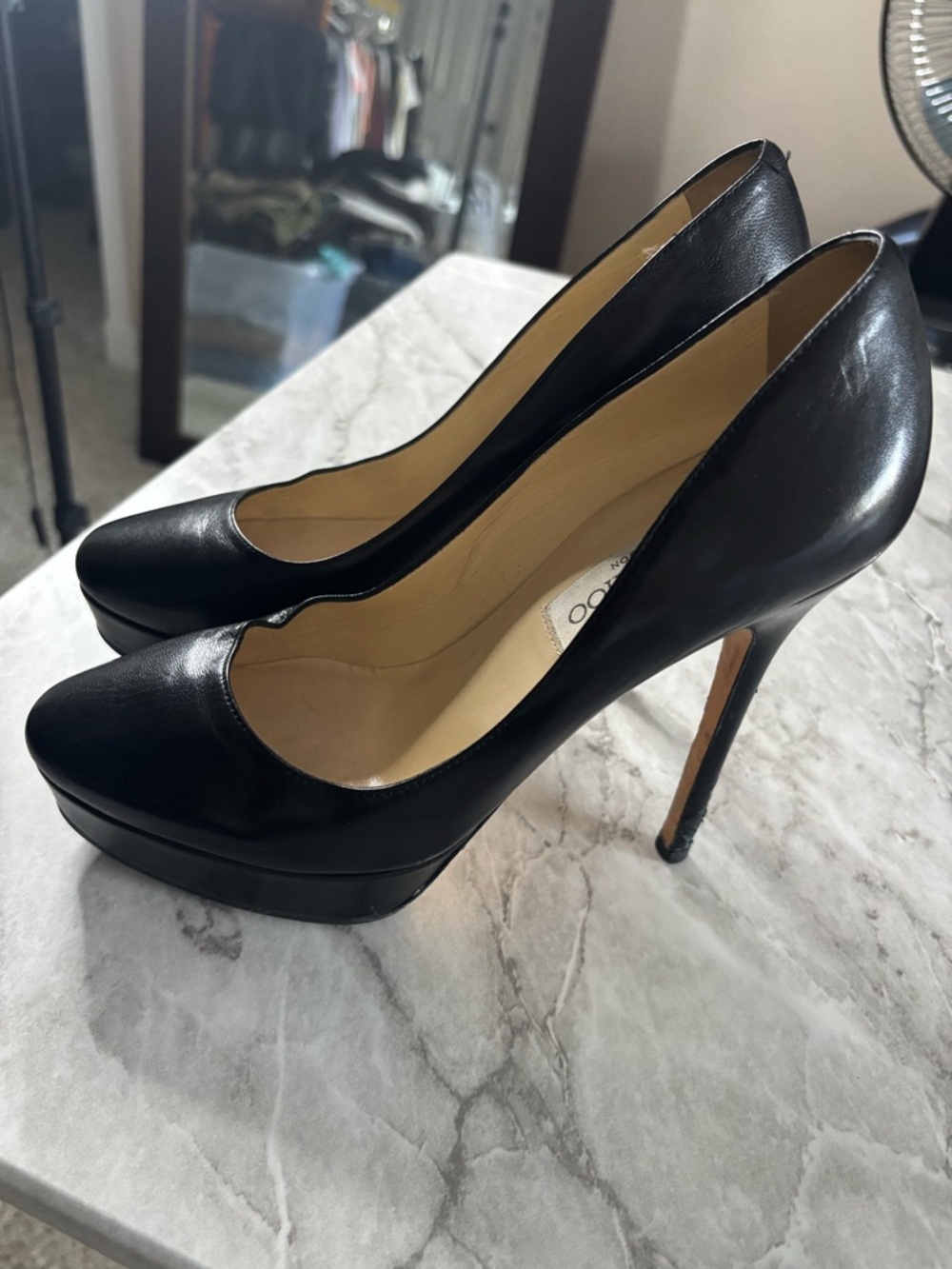 JIMMY CHOO Black Leather 5” Stiletto Platform Pumps Round Toe Size 37.5